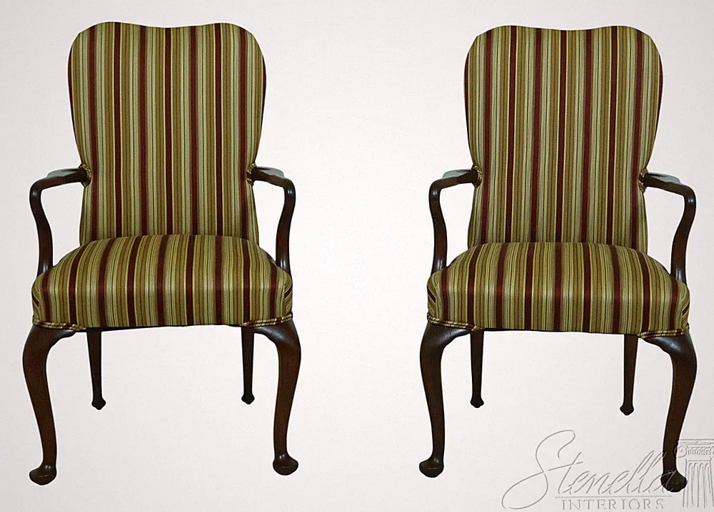 F53733EC: Pair Solid Mahogany Queen Anne Upholstered Armchairs
