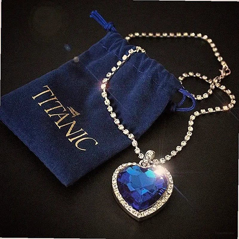 Heart of the Ocean Silver Necklace Blue Gold Titanic Velvet Pouch Vintage Retro