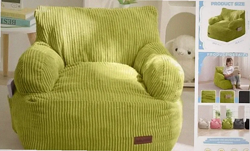 Kids Bean Bag Chair, Stuffed Toddler Bean Bag Sofa with Filler Standard Green