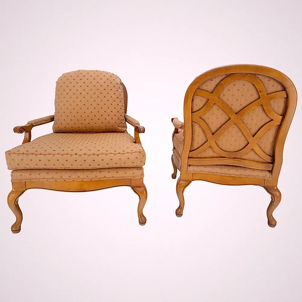 Pair of Wide Seat Carved Lattice Woodwork Back Queen Ann Lounge Chairs MINT!