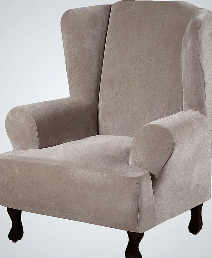 Plush Velvet Wingback Chair Cover - High Stretch Slipcover, Taupe