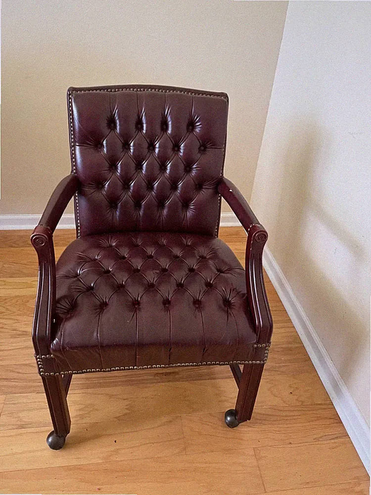 Vintage Traditional Queen Anne Style Oxblood Faux Leather Armchair